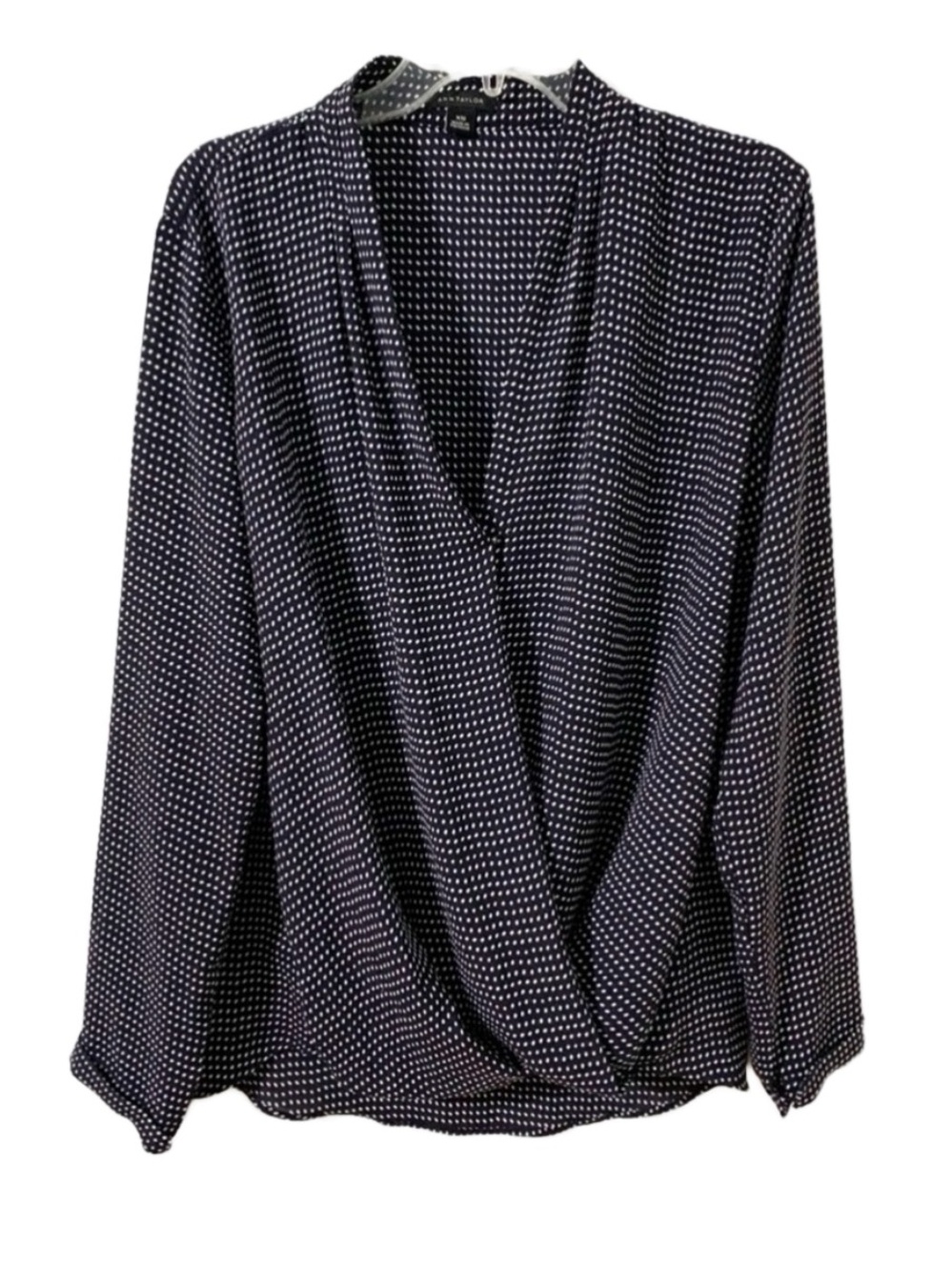 Ann Taylor Blue White Geometric Printed Draped Wrap Top Deep V Blouse - XS